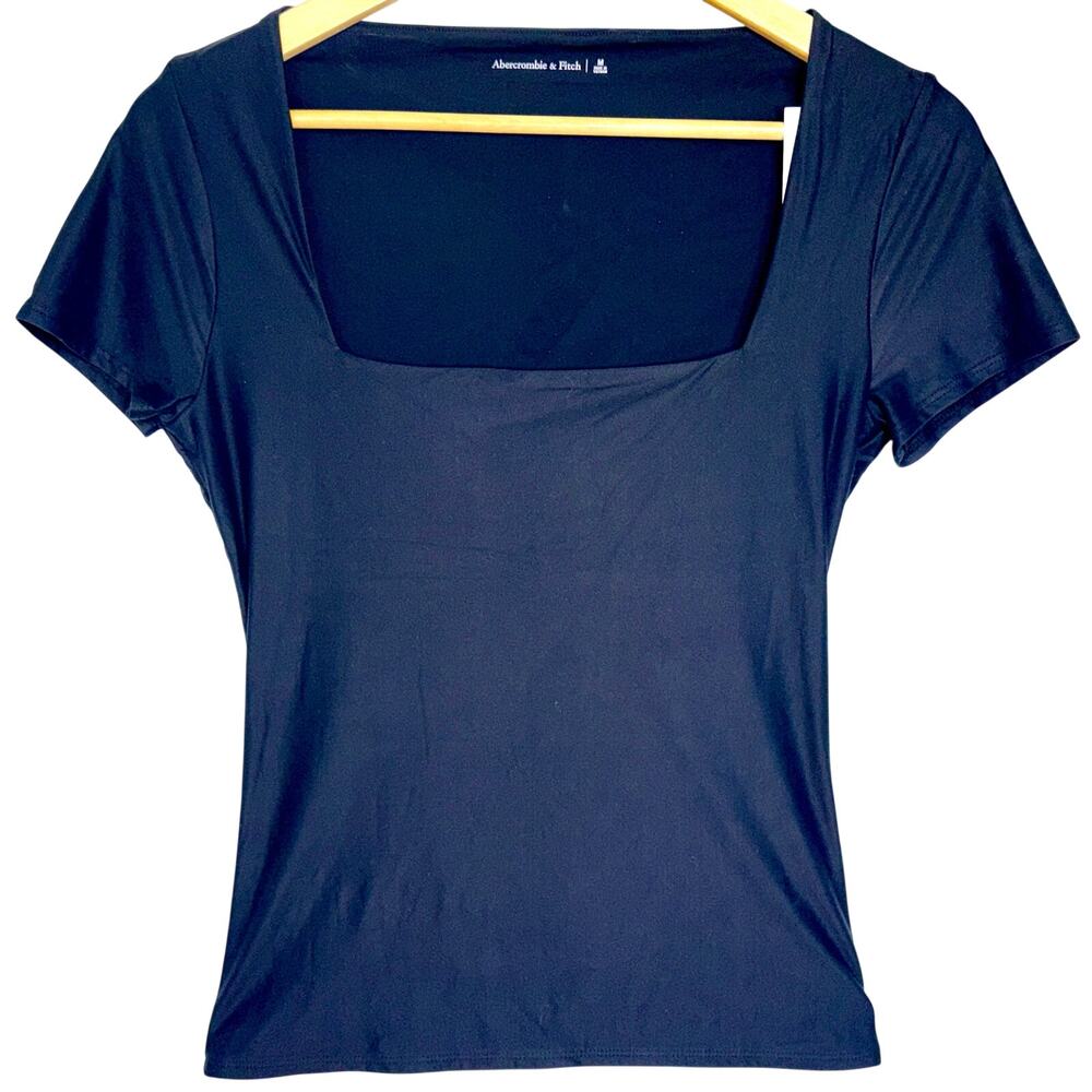 NWT Abercrombie & Fitch Black Knit Square Neck Short Sleeve T-Shirt Blouse Sz M